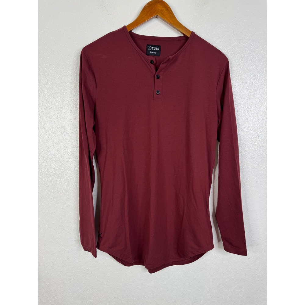Cuts Elongated Henley Long Sleeve Shirt Burgundy Maroon PYCA Pro Mens L1034